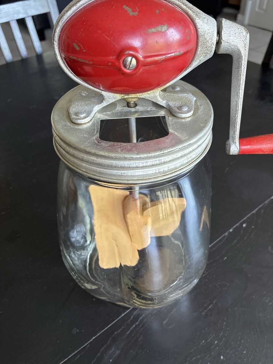 Vintage Dazey Churn No. 4 Model B 4-Quart Butter Churn with Red Top & Wood Paddles
