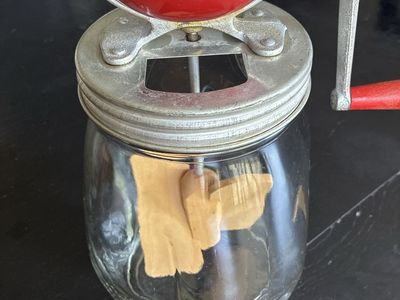 Vintage Dazey Churn No. 4 Model B 4-Quart Butter Churn with Red Top & Wood Paddles