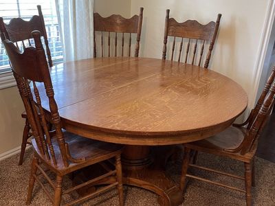 Antique Oak Round Pedestal Dining Table with 4 Chairs - Vintage Wood Kitchen Furniture Set