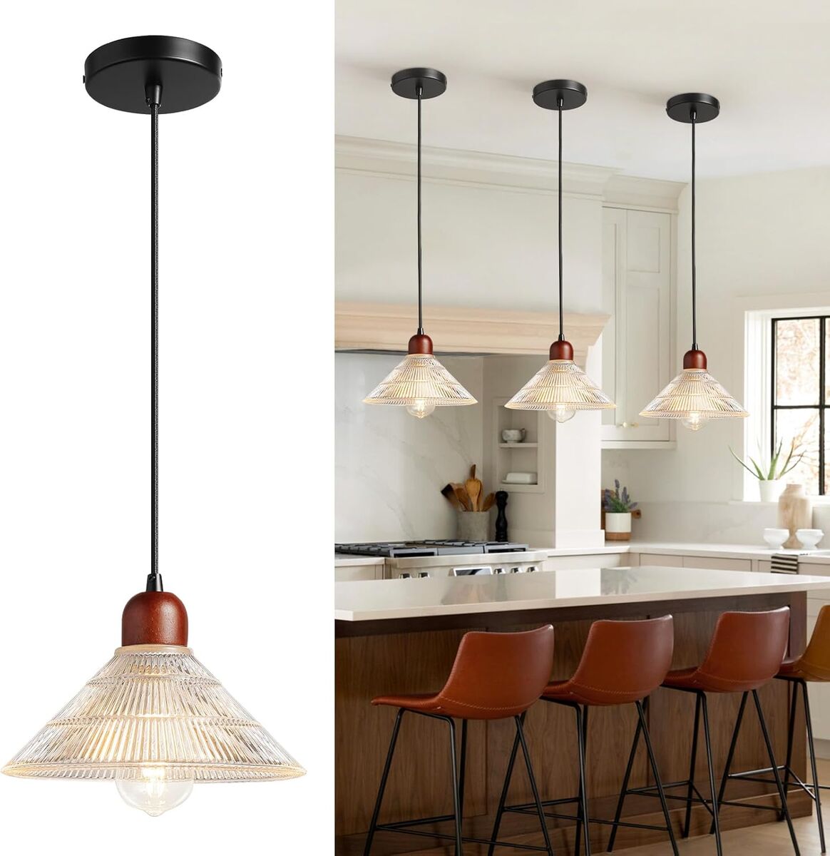 3 Pk Wood Pendant Light Fixture with Hand Blown Glass, E26 67" Height Adjustable Hanging Lights