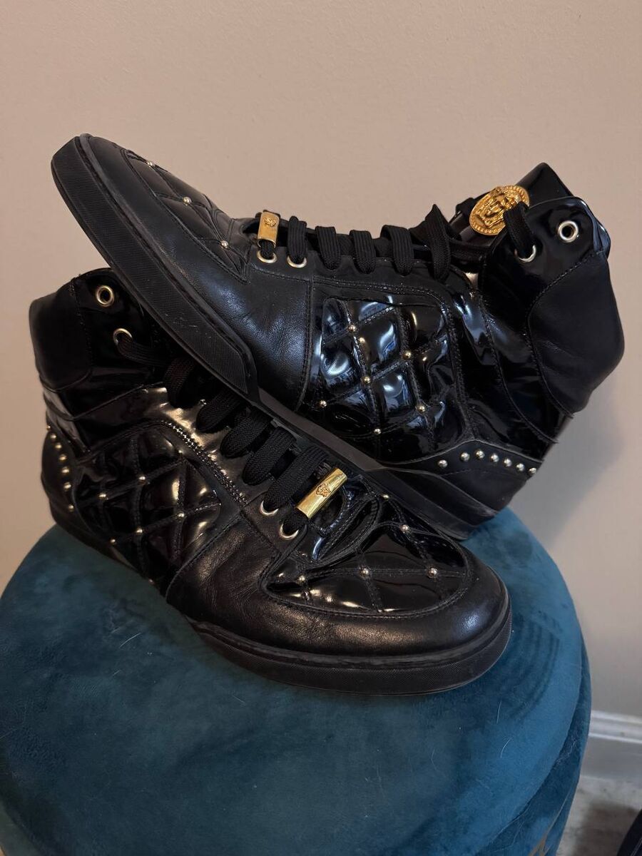 Versace Patent Black Leather Gold Studded Sneakers. Men's Size 9.5