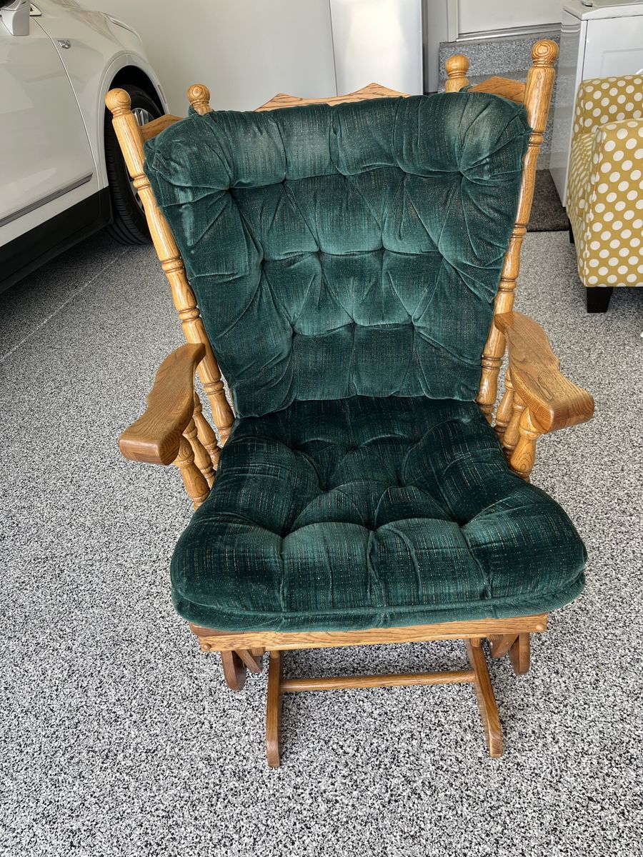 Wooden Glider Rocker Chair with Dark Green Tufted Cushions