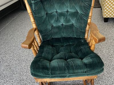 Wooden Glider Rocker Chair with Dark Green Tufted Cushions