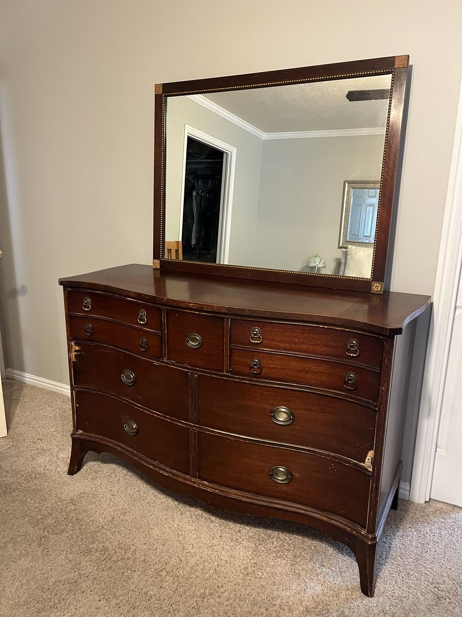 Vintage Dark Wood Dresser with Mirror - 7 Drawers, Curved Front, Ornate Brass Hardware