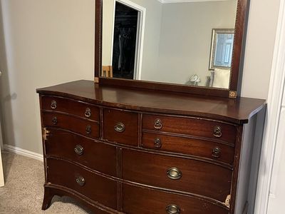 Vintage Dark Wood Dresser with Mirror - 7 Drawers, Curved Front, Ornate Brass Hardware