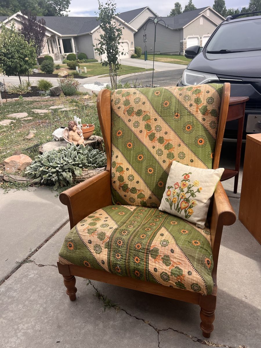 Vintage Wingback Armchair with Unique Green & Tan Floral Upholstery and Wooden Frame - 33" Tall
