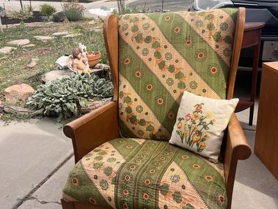 Vintage Wingback Armchair with Unique Green & Tan Floral Upholstery and Wooden Frame - 33" Tall
