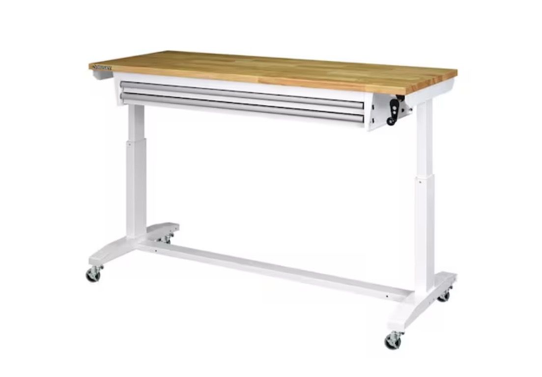 Husky Tool Storage 62 in. W White Adjustable Height Work Table with 2-Drawers