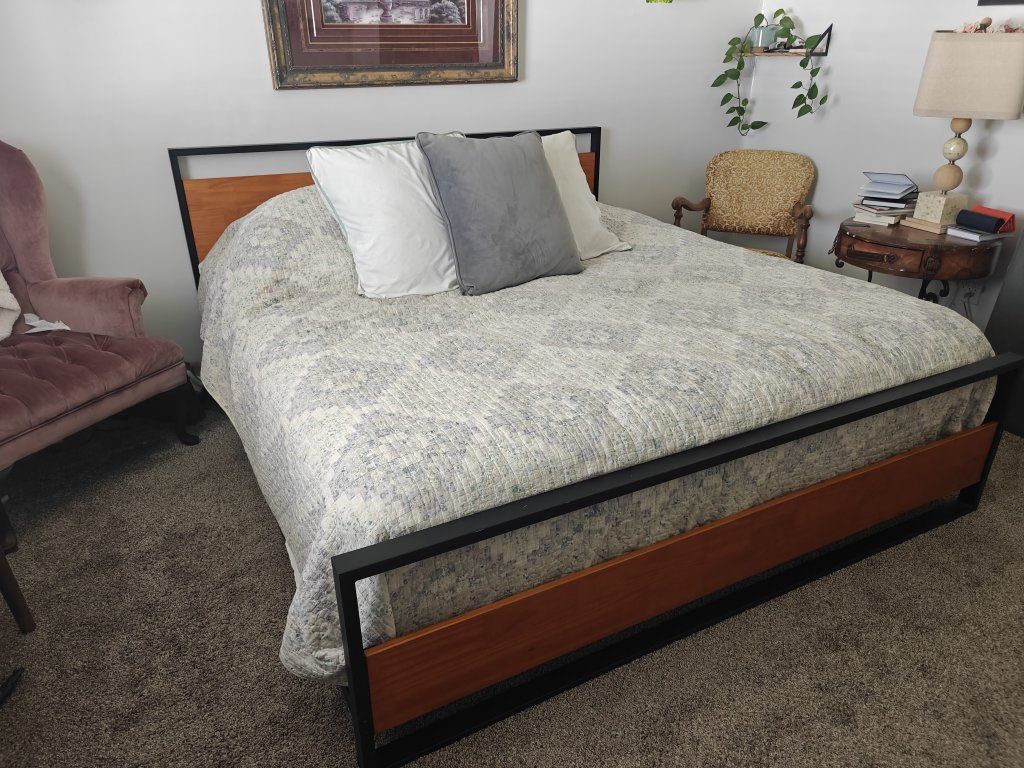 King Size Bedframe - Modern Industrial Wood and Black Metal Platform Bed Frame with Slats