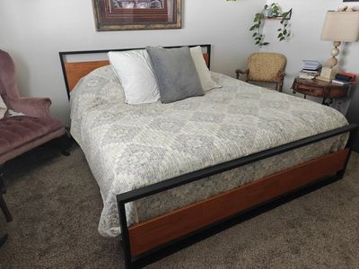 King Size Bedframe - Modern Industrial Wood and Black Metal Platform Bed Frame with Slats