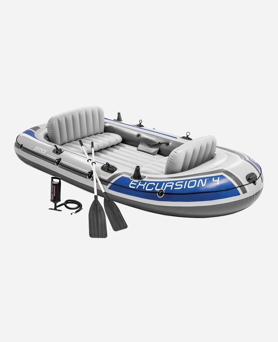 New Intex Excursion 4 person Inflatable Boat Raft Set with Aluminum Oars and Pump
