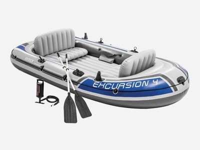 New Intex Excursion 4 person Inflatable Boat Raft Set with Aluminum Oars and Pump