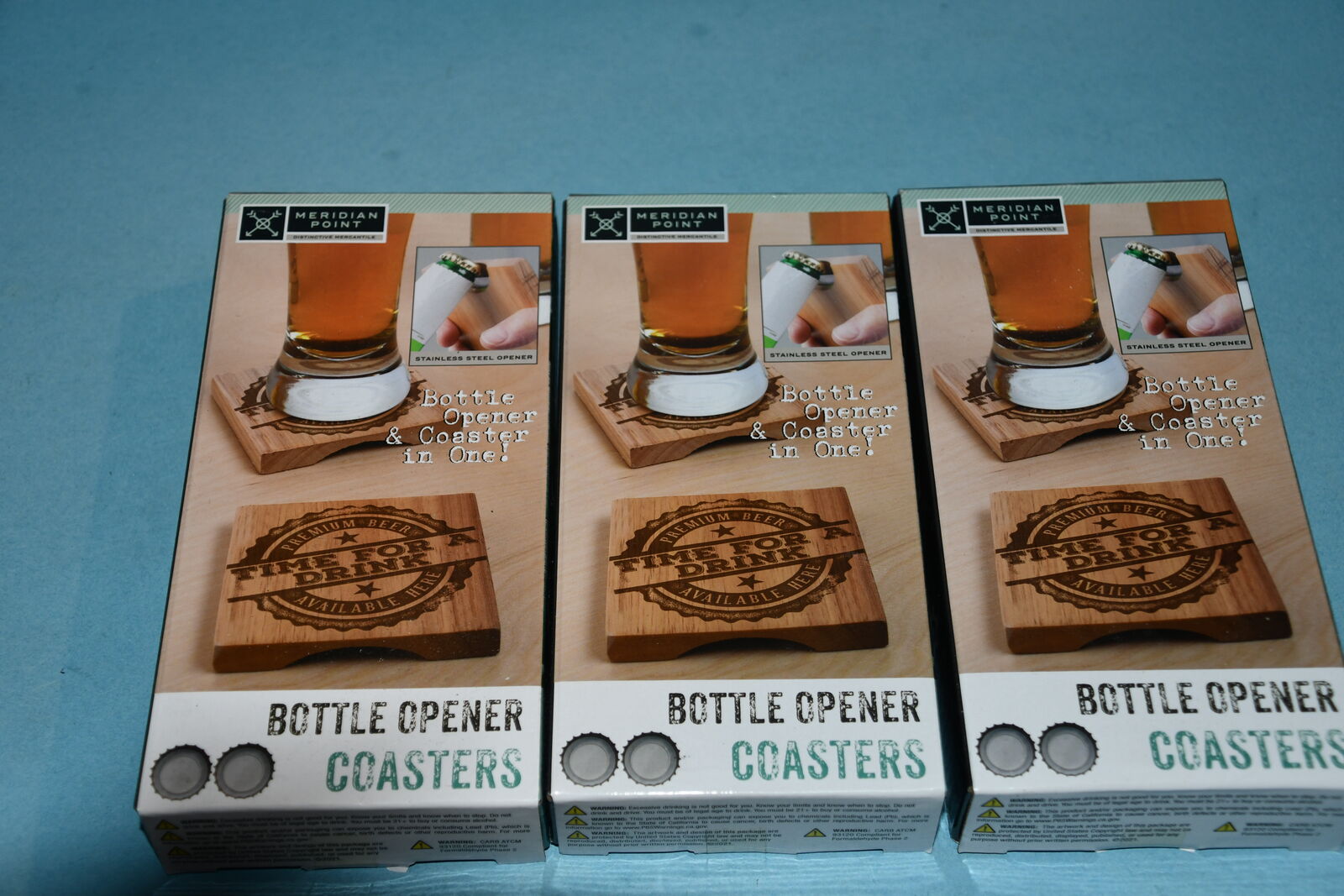 12 NIB WOODEN DRINK COASTERS ~ EACH HAS A STAINLESS STEEL BOTTLE CAP OPENER ~ 3.5" SQUARE ~ ALL FOR $5
