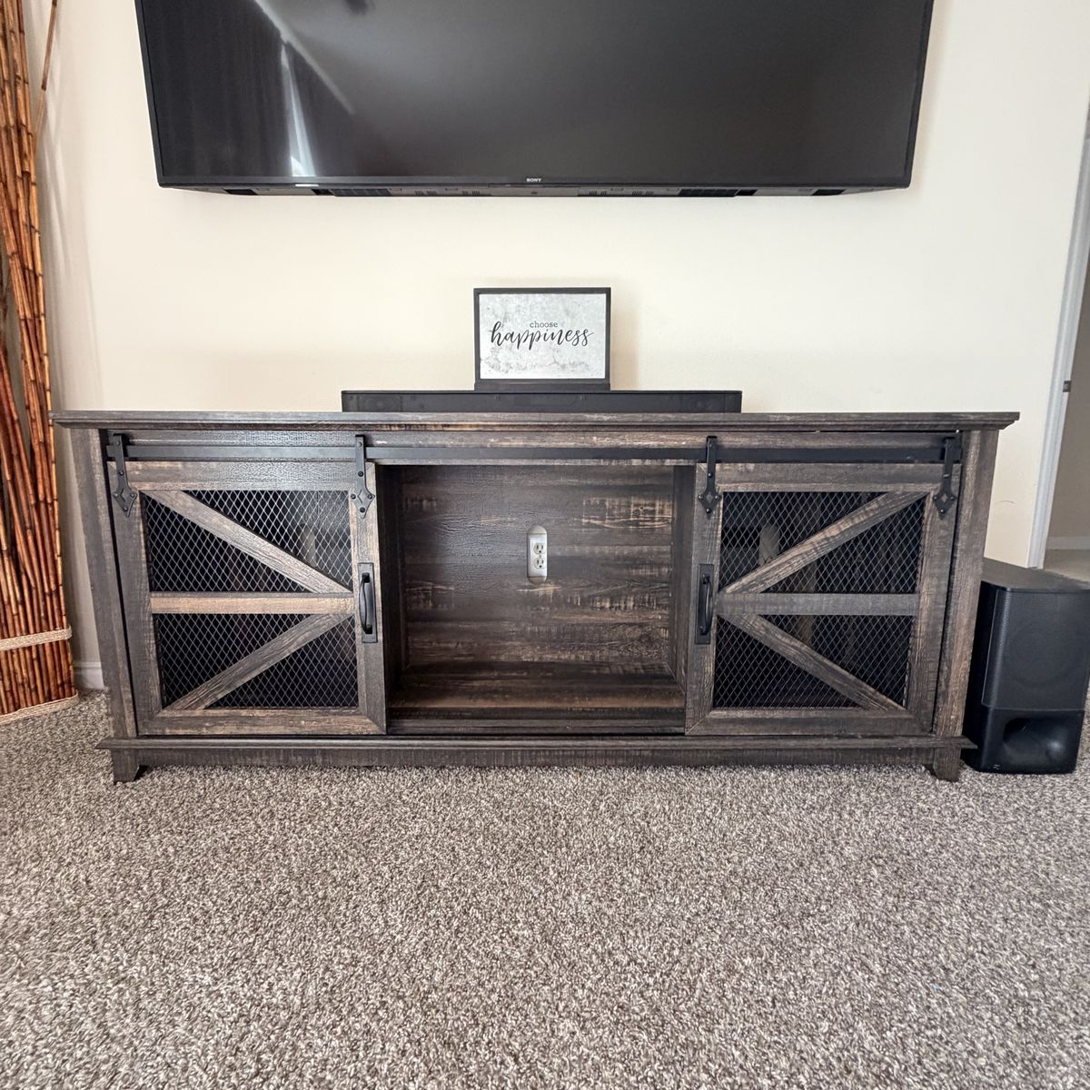 OKD 66” Farmhouse TV Stand / Entertainment Center – Sliding Barn Doors – Dark Rustic Oak