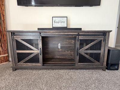 OKD 66” Farmhouse TV Stand / Entertainment Center – Sliding Barn Doors – Dark Rustic Oak