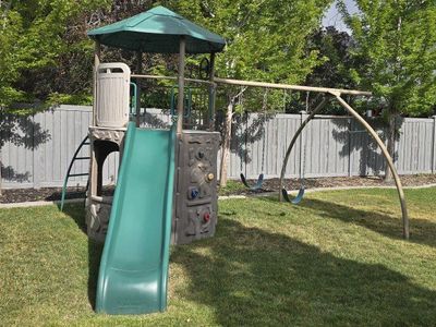 Kids Outdoor Playset Swing Set w/ Slide & Climbing Wall