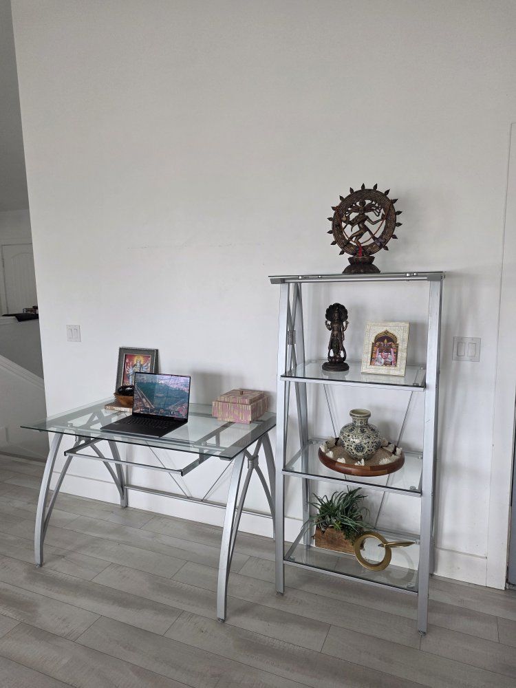 Glass Top Desk and Matching Glass Book Shelf  - Silver Metal Frame