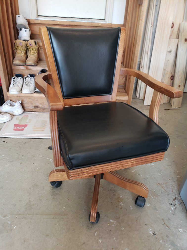 Vintage Wooden Rolling Office Chair with Black Vinyl Upholstery