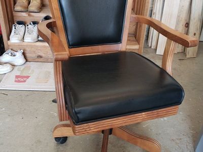 Vintage Wooden Rolling Office Chair with Black Vinyl Upholstery