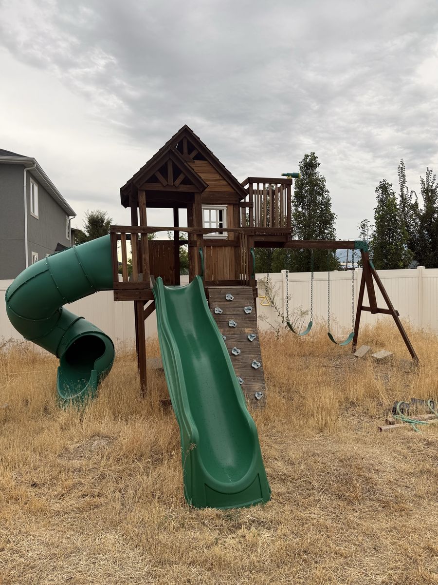 Wooden Backyard Playground Set with Slides, Swings, and Climbing Wall