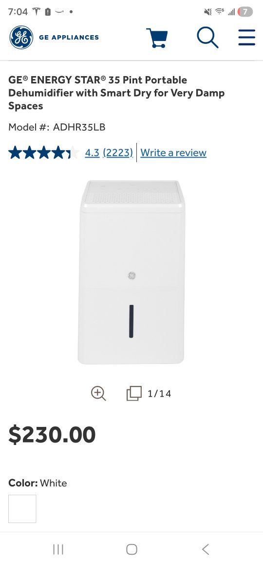 GE ENERGY STAR ADHR35LB 35-Pint Portable Dehumidifier with Smart Dry - White
