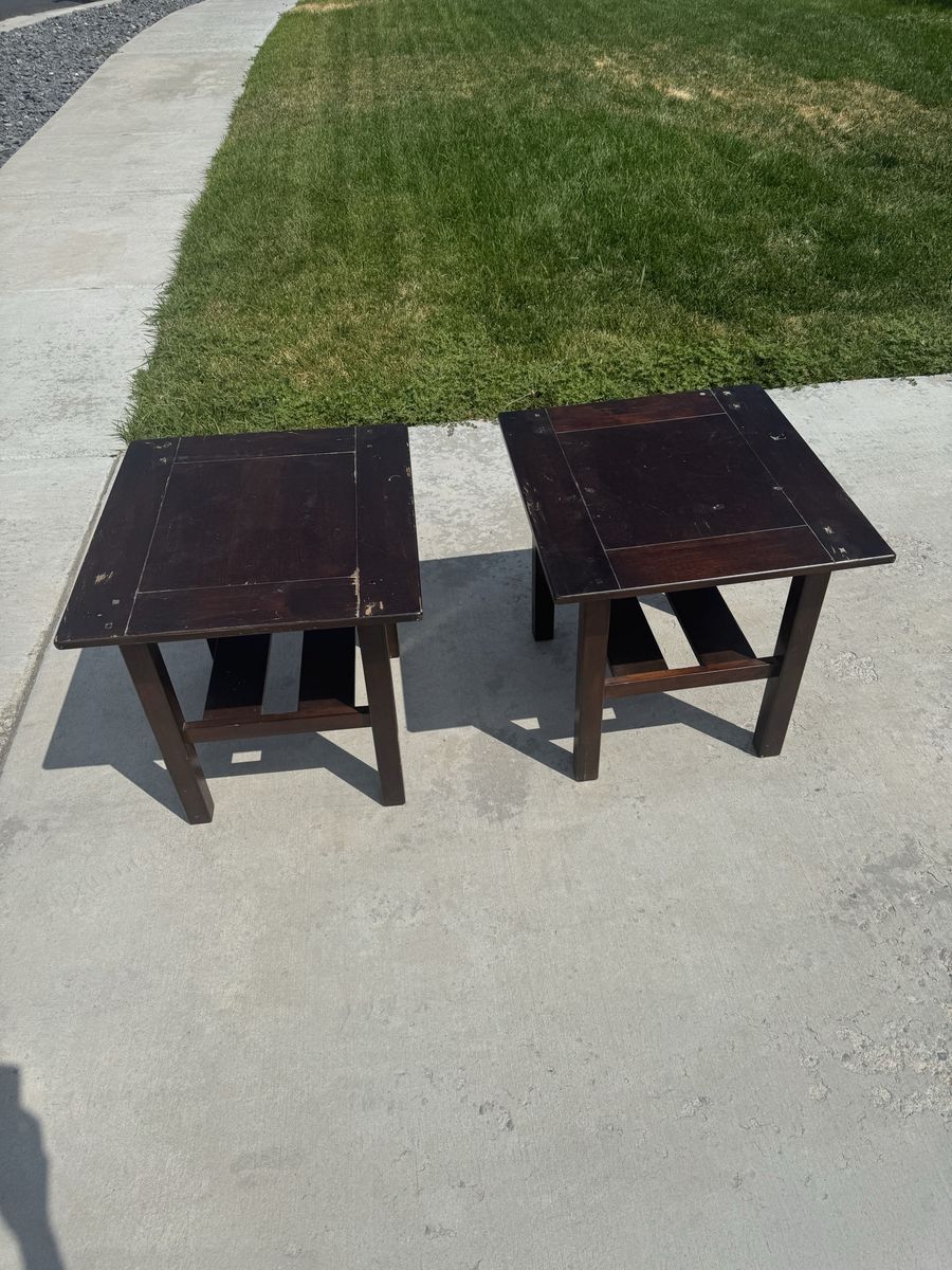 Pair of Dark Wood Square End Tables with Bottom Shelf