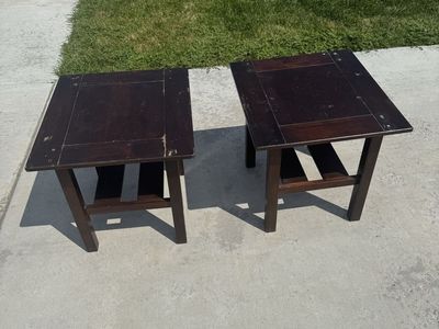 Pair of Dark Wood Square End Tables with Bottom Shelf