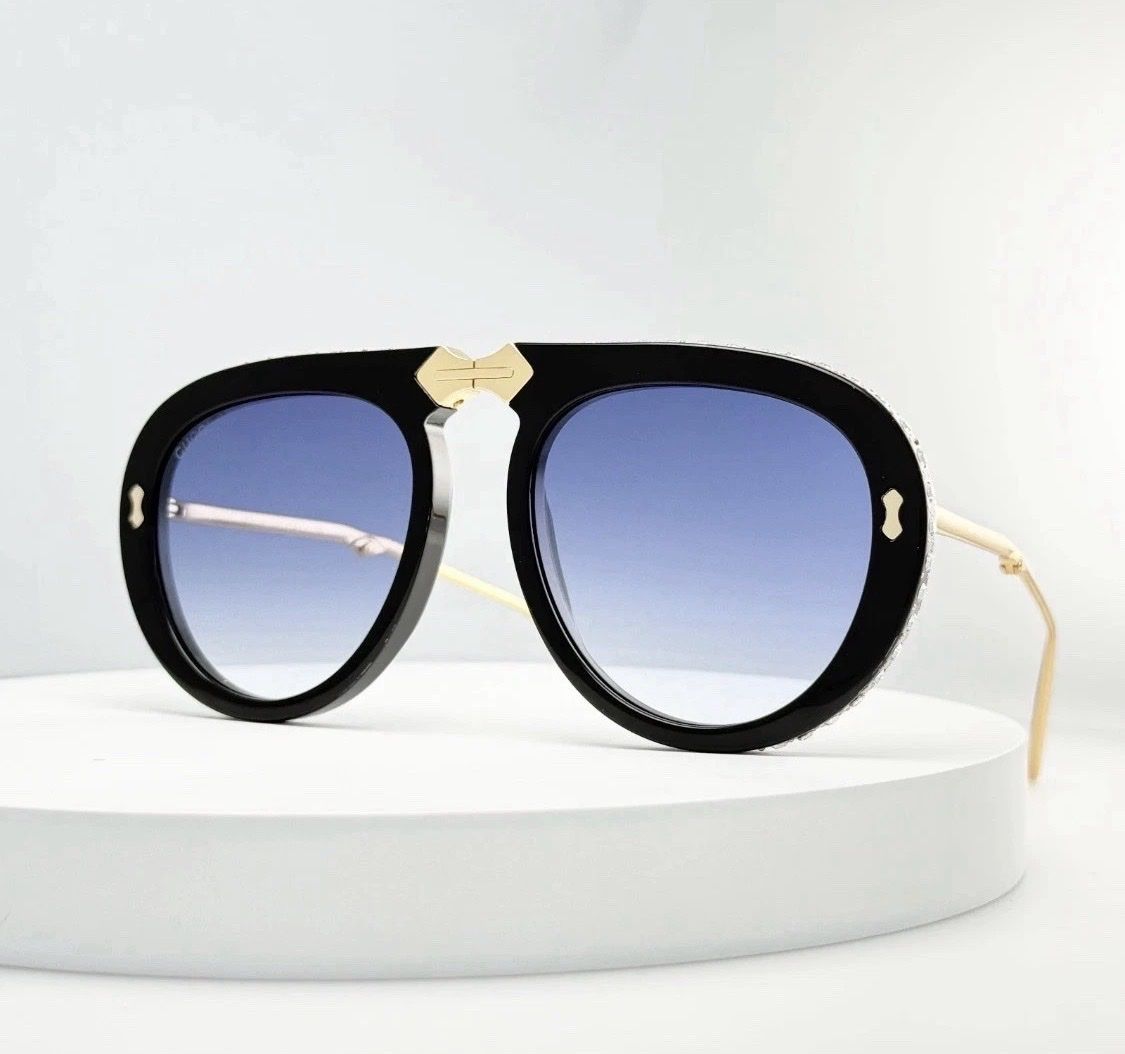 Gucci GG0307S Foldable Aviator Sunglasses Black Metal Crystal Blue 56mm