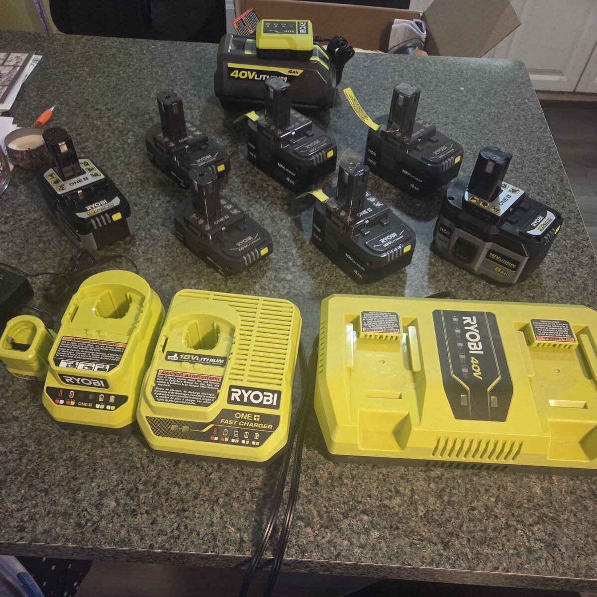 Ryobi 18v/40v batteries and chargers. Most are new