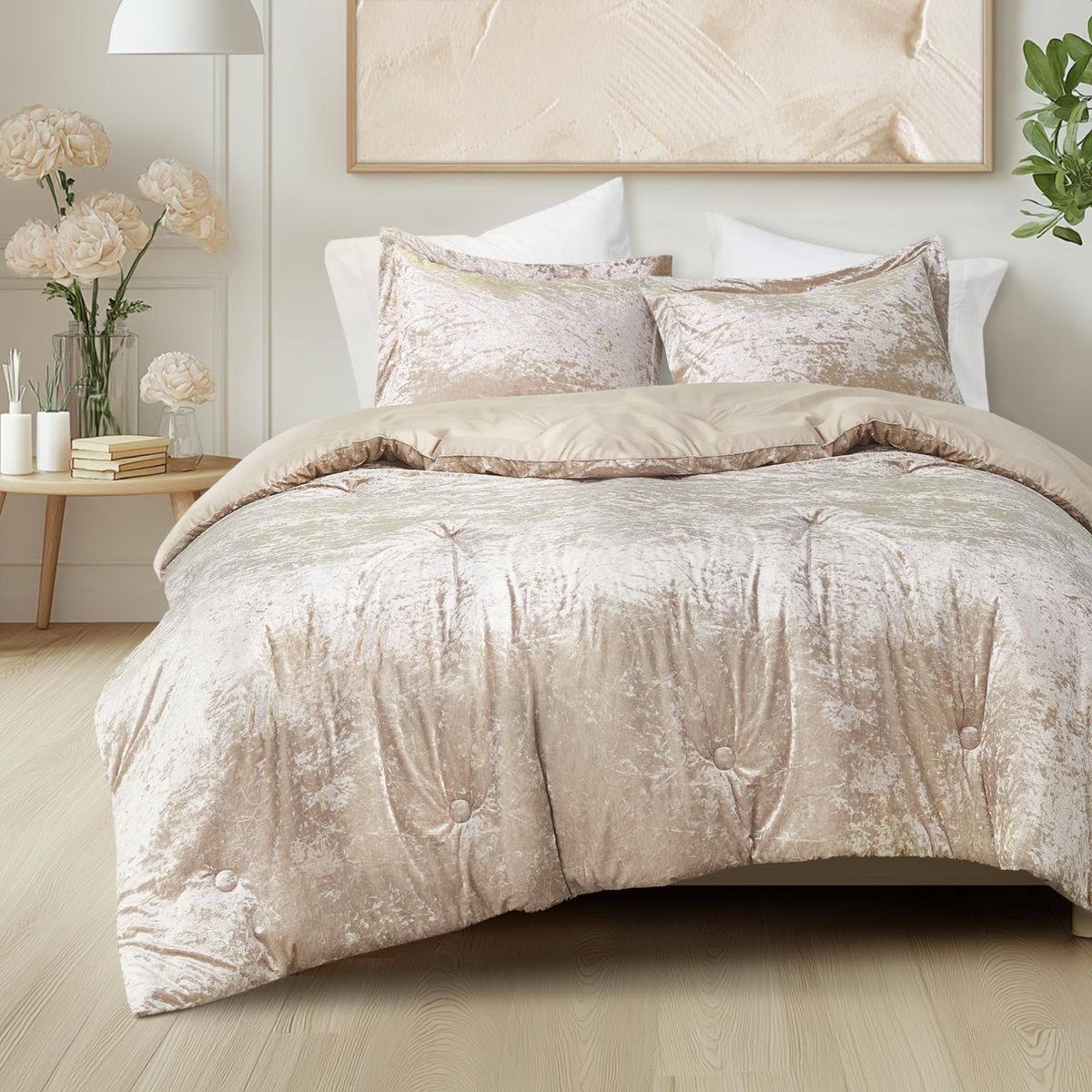 Queen/Comfort Spaces Kody King Crushed Velvet Comforter Set - Champagne, Ultra Soft & Warm, OEKO-TEX Certified