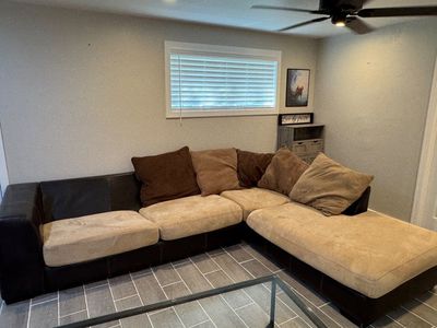 Two-Tone L-Shaped Sectional Sofa with Chaise and Throw Pillows