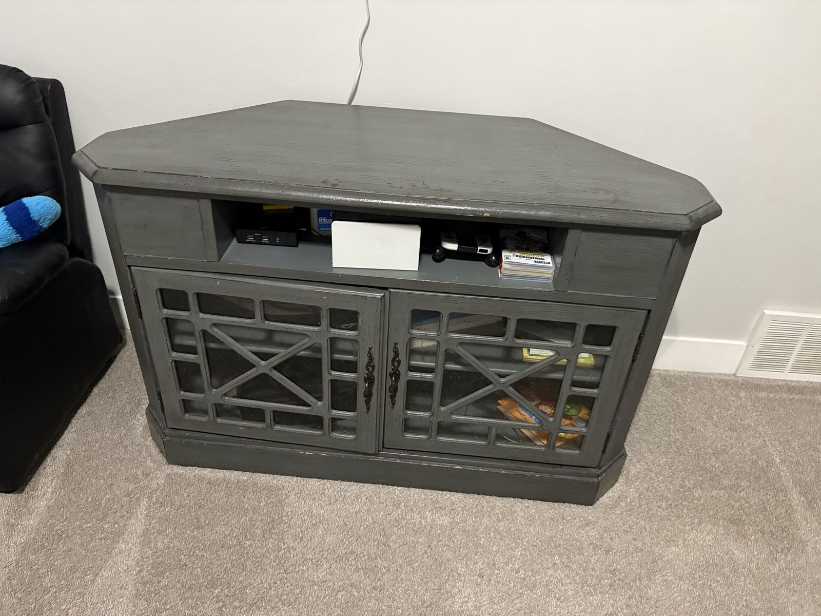 Gray Corner TV Stand/Media Console with Glass Doors - Entertainment Center