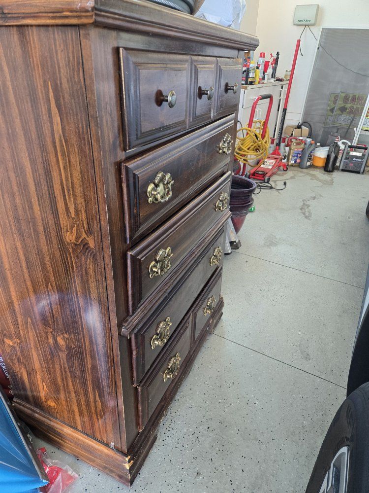 Vintage Dark Wood Tallboy Dresser 5-Drawer Chest with Ornate Brass Pulls - Damaged