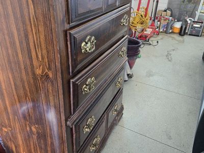 Vintage Dark Wood Tallboy Dresser 5-Drawer Chest with Ornate Brass Pulls - Damaged