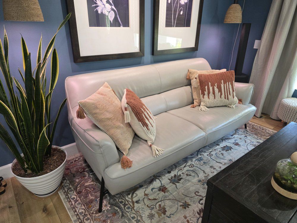 Modern Light Dove Gray Leather Sofa with Black Metal Legs