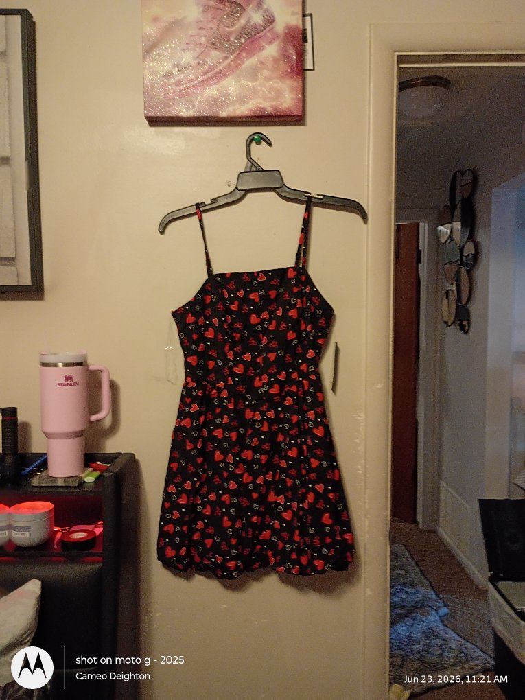 Black & Red Heart Print Spaghetti Strap Mini Dress, NWT
