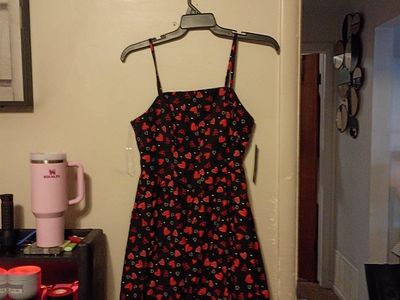 Black & Red Heart Print Spaghetti Strap Mini Dress, NWT
