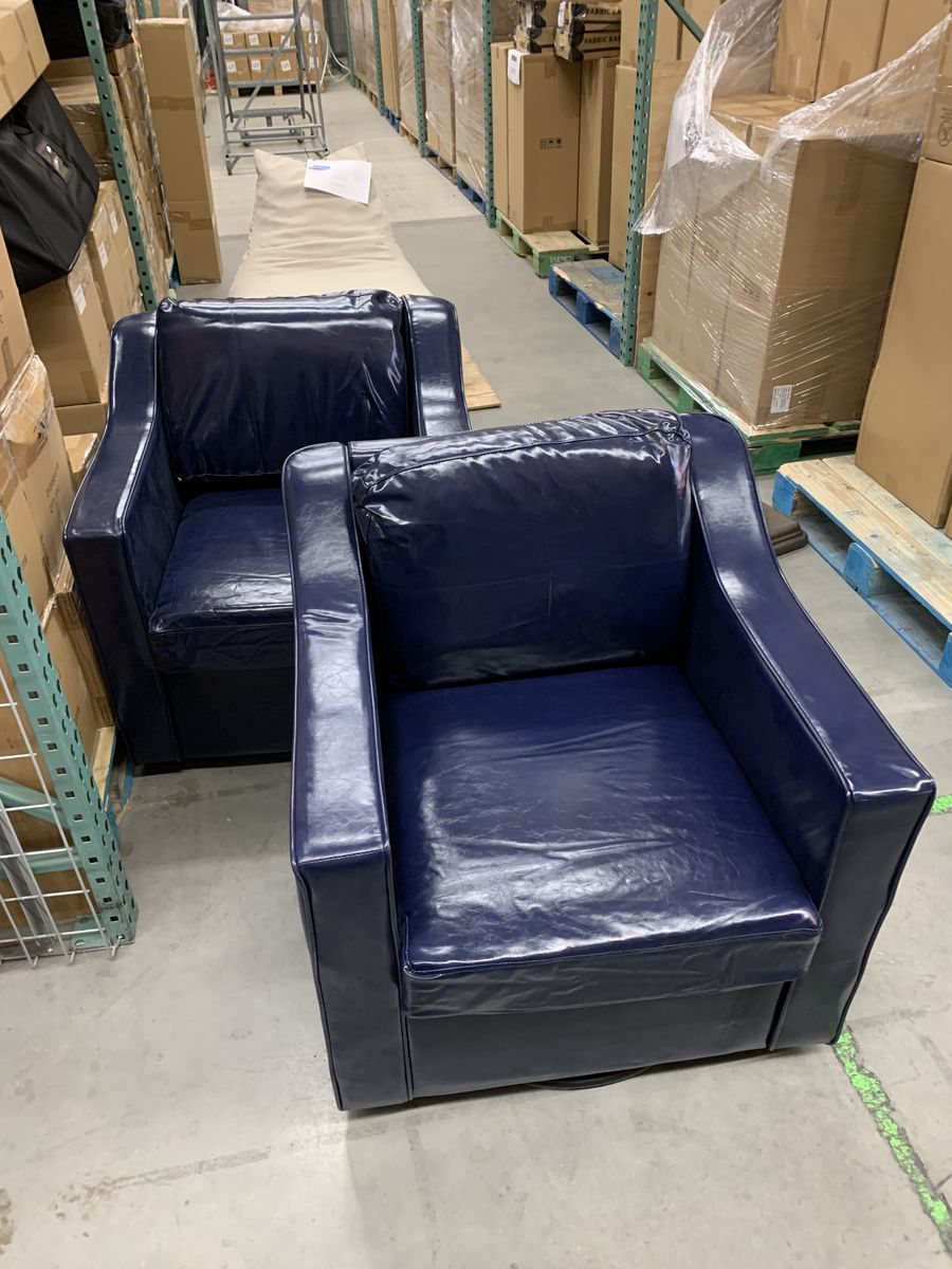Uixe Modern Navy Faux Leather Upholstered Swivel Accent Barrel Chair with Metal Base (Set of 2)
