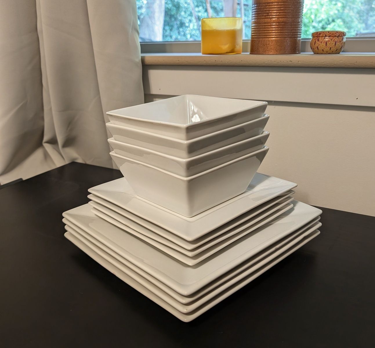 12-Piece White Square Ceramic Dinnerware Set | Plates + Bowls