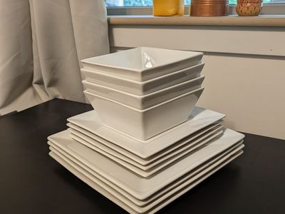 12-Piece White Square Ceramic Dinnerware Set | Plates + Bowls
