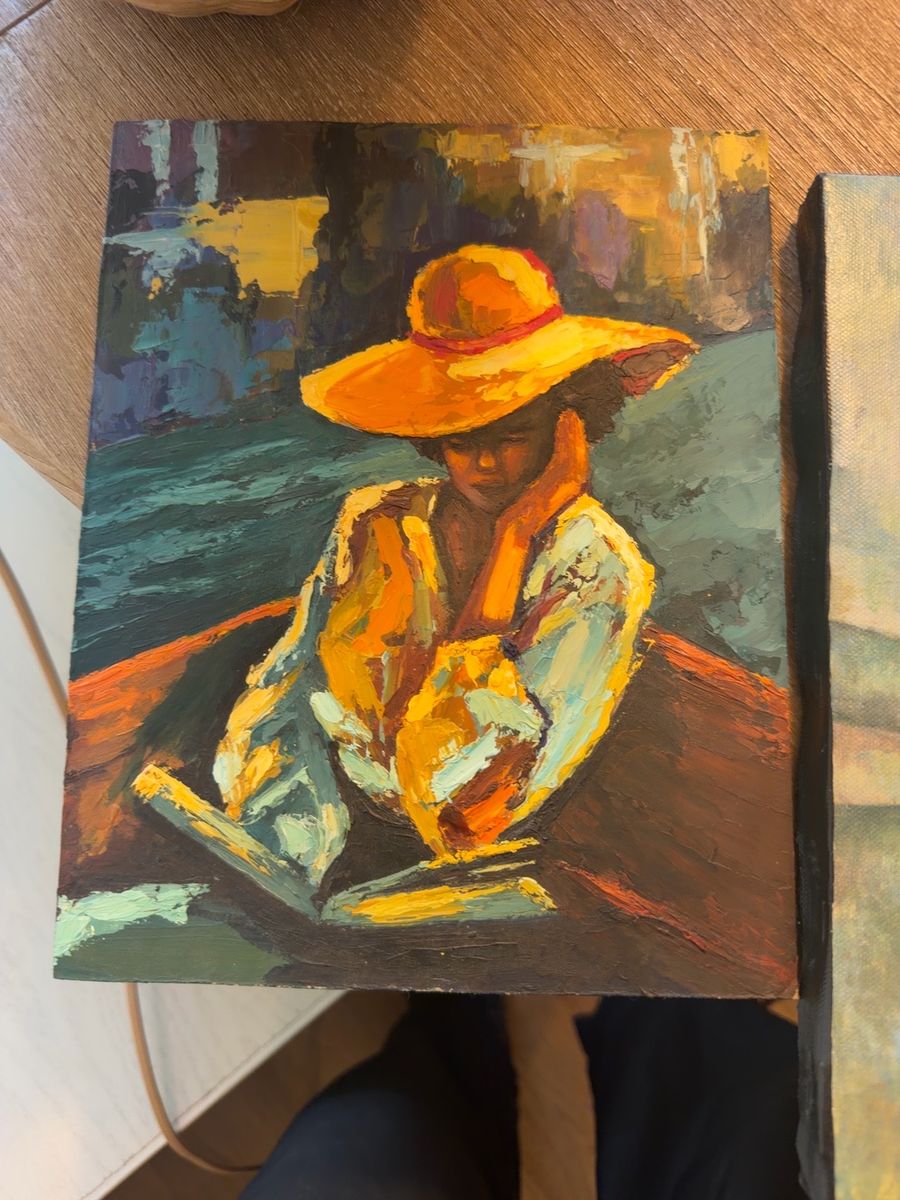 ORIGINAL Palette Knife Oil Painting on Canvas - Woman in Hat Reading, Impressionist Style, Unframed