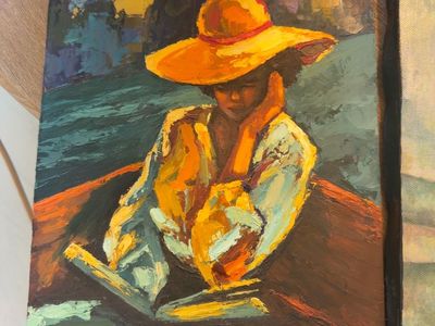 ORIGINAL Palette Knife Oil Painting on Canvas - Woman in Hat Reading, Impressionist Style, Unframed
