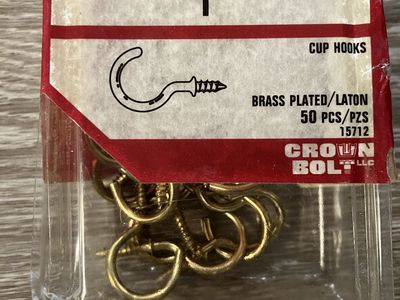 Crown Bolt LLC, Brass Plated 1” Cup Hooks - 39 pieces