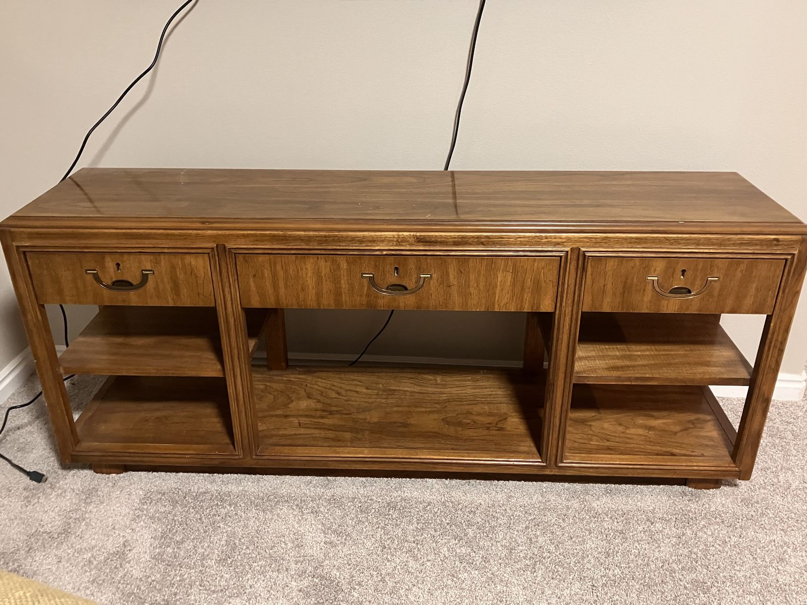 Vintage Wooden TV Stand Console with 3 Drawers and Open Shelves