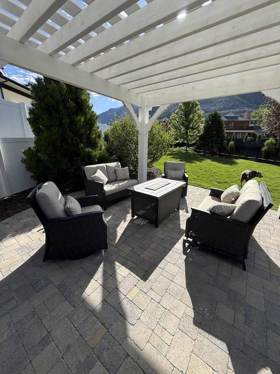 Outdoor couch, chairs fire table