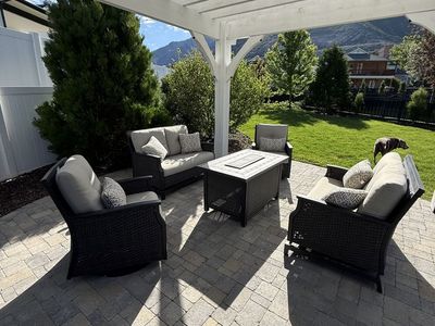 Outdoor couch, chairs fire table