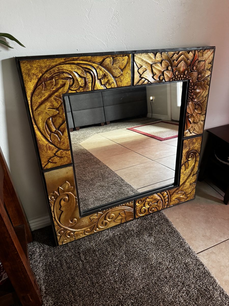 Large Decorative Wall Mirror with Ornate Gold Embossed Floral Frame