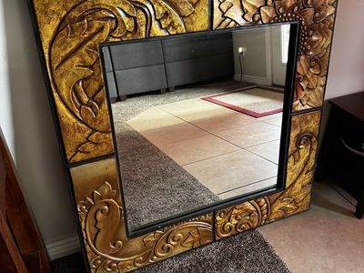 Large Decorative Wall Mirror with Ornate Gold Embossed Floral Frame