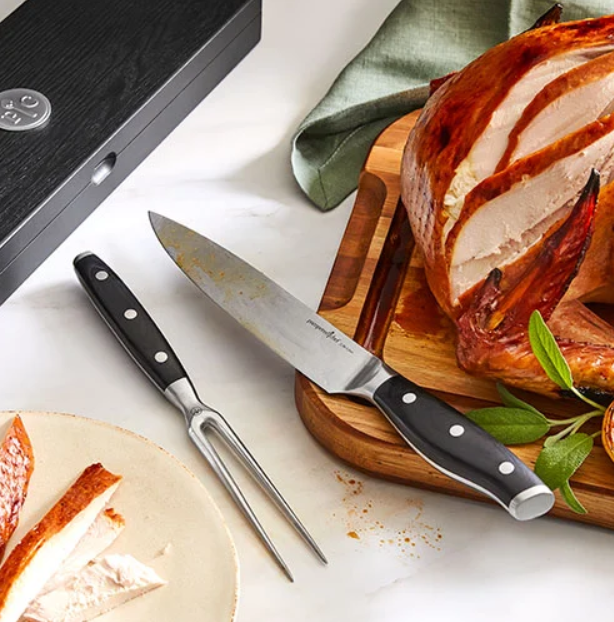 Pampered Chef Carving Set with Knife and Fork in Storage Box