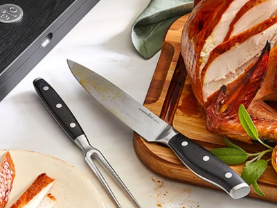 Pampered Chef Carving Set with Knife and Fork in Storage Box